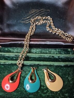Sarah Coventry Gold-Tone Necklace with Red, Turquoise, and Cream Pendants